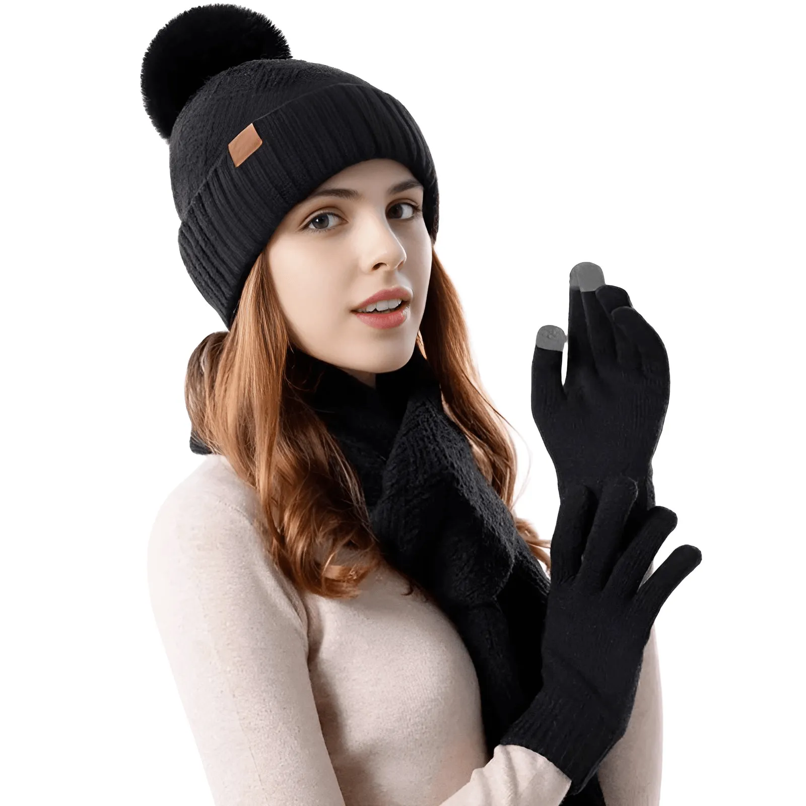 3-Piece Winter Set Beanie Hat Scarf Touchscreen Gloves Set for Women Warm Knit Fleece Lined Hat Set