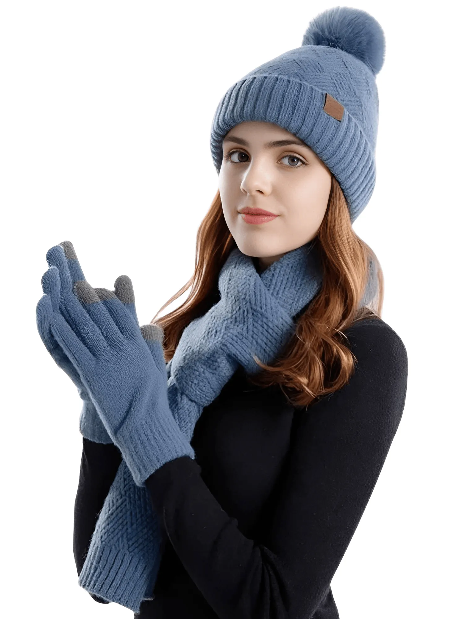 3-Piece Winter Set Beanie Hat Scarf Touchscreen Gloves Set for Women Warm Knit Fleece Lined Hat Set