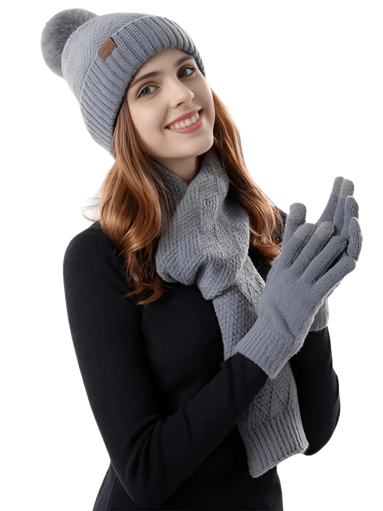 3-Piece Winter Set Beanie Hat Scarf Touchscreen Gloves Set for Women Warm Knit Fleece Lined Hat Set