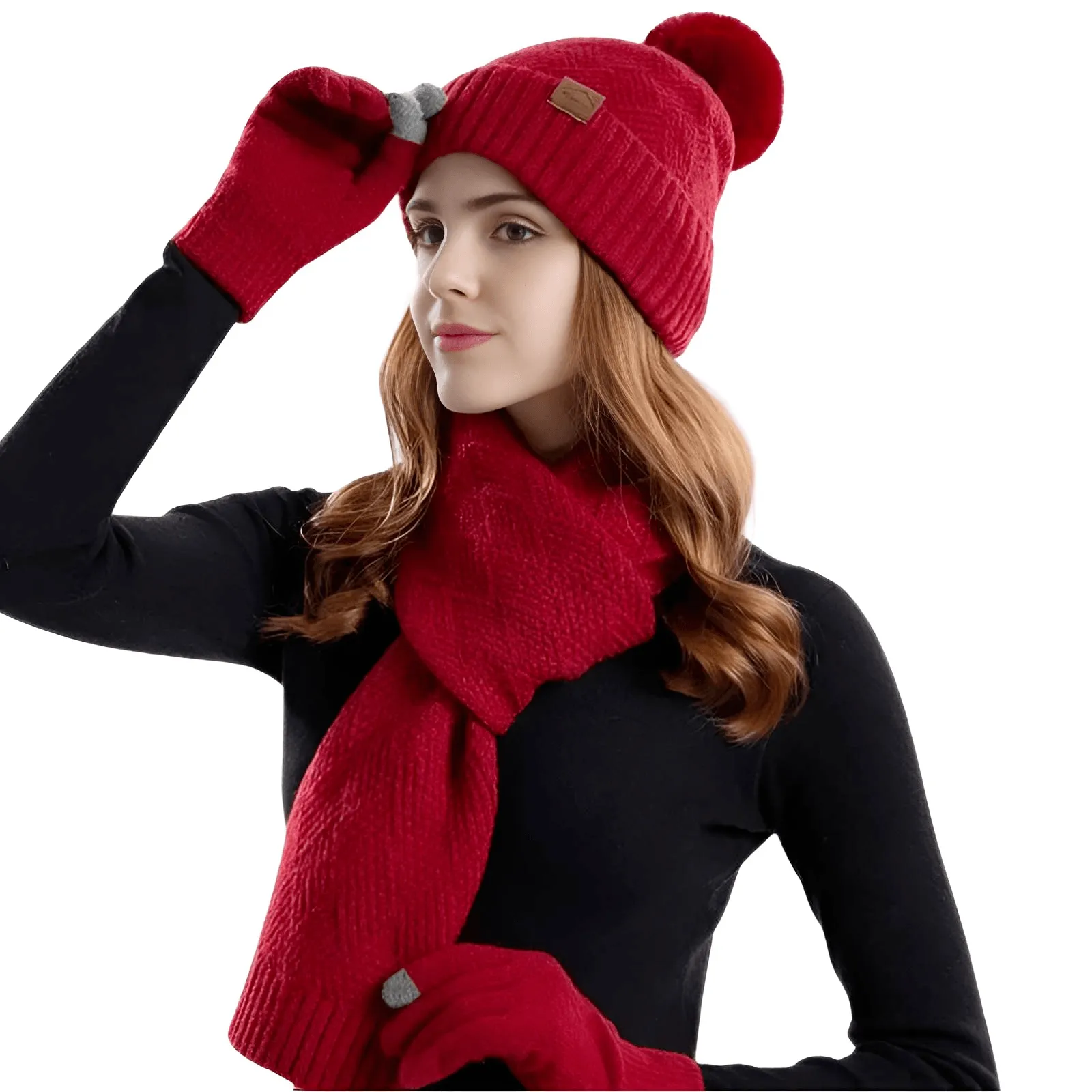 3-Piece Winter Set Beanie Hat Scarf Touchscreen Gloves Set for Women Warm Knit Fleece Lined Hat Set