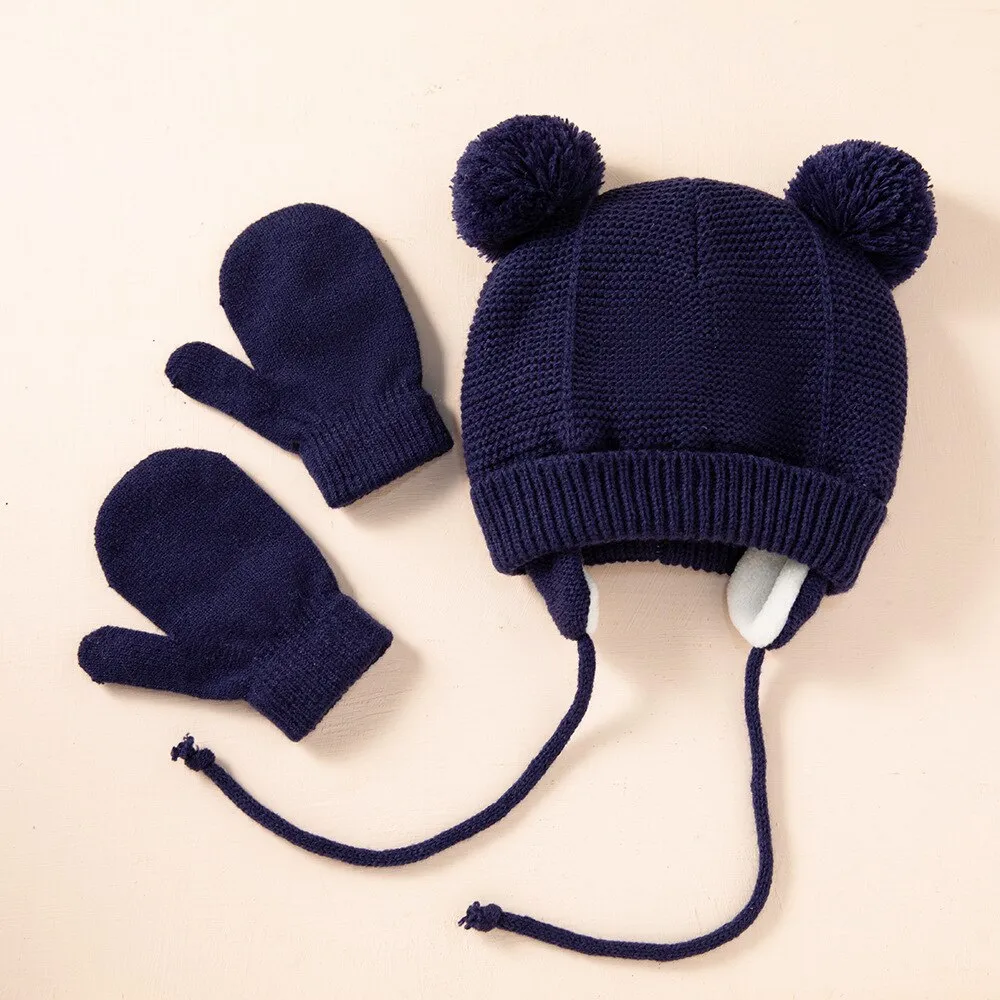 Baby Kids Girls Boys Winter Warm Knit Hat Ear Solid Warm Cute Glove 2pcs Lovely Beanie Cap With Hair Ball