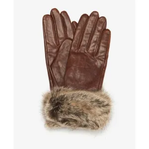 Barbour Fur Trimmed Ladies Leather Gloves - Dark Caramel