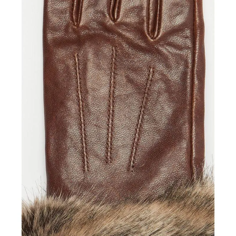 Barbour Fur Trimmed Ladies Leather Gloves - Dark Caramel