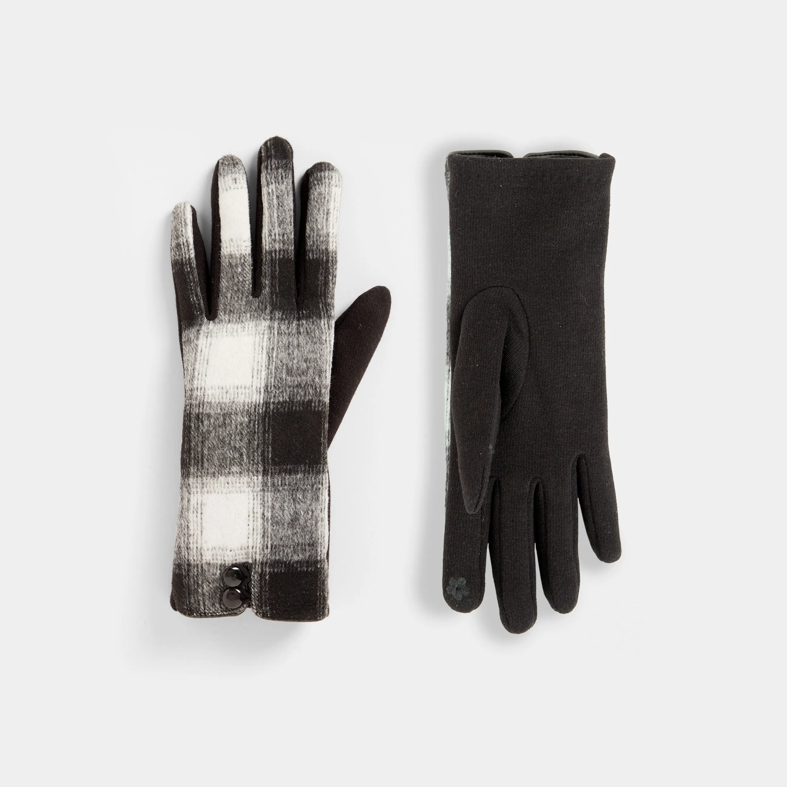 Button Top Plaid Touchscreen Gloves - Black - Plaid