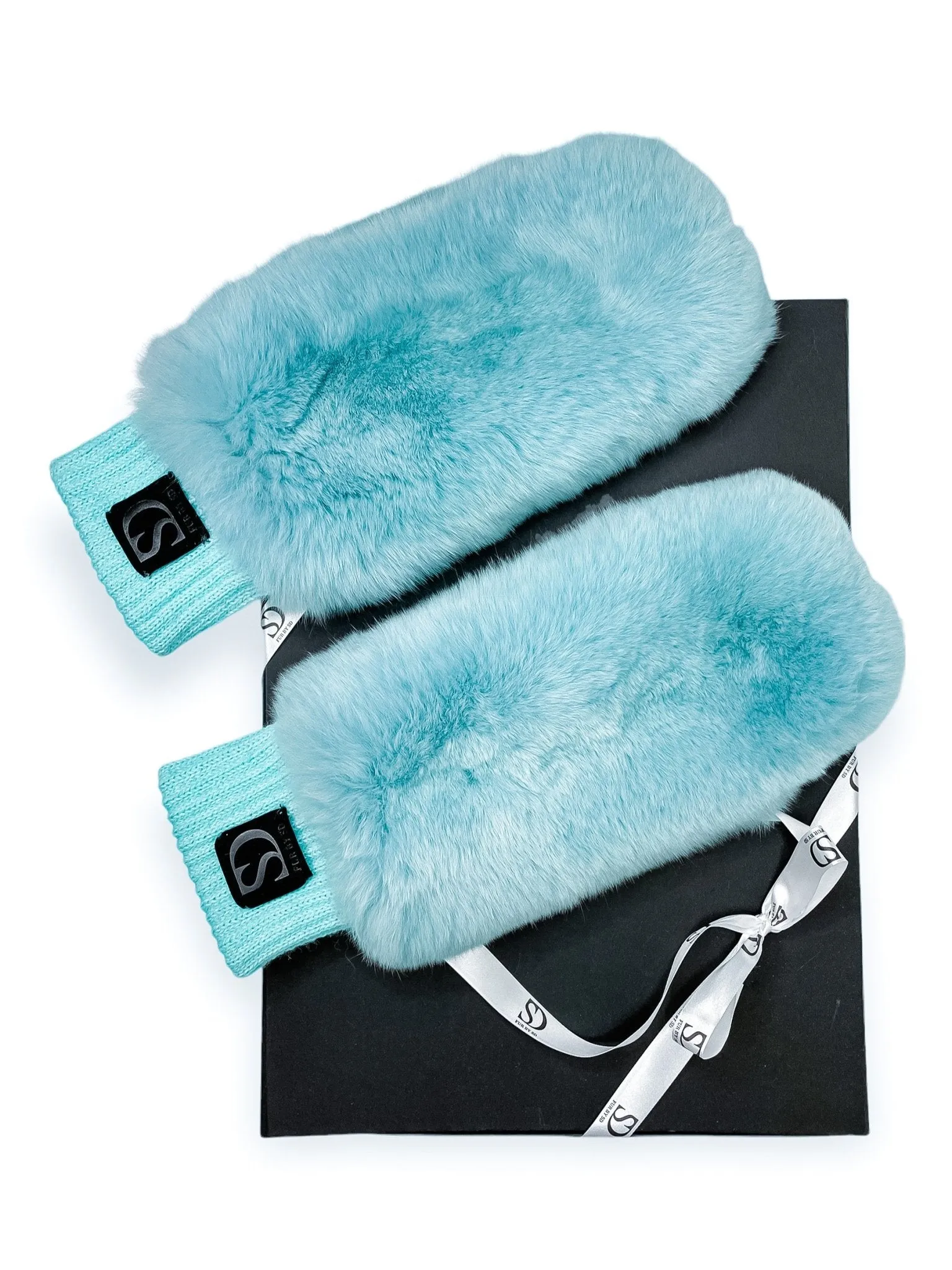 Chinchilla Fur And Leather Mittens in Blue