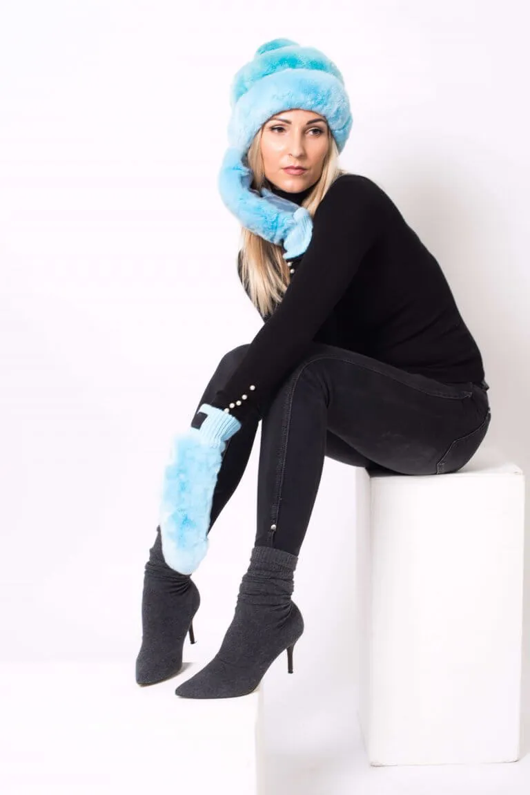 Chinchilla Fur And Leather Mittens in Blue