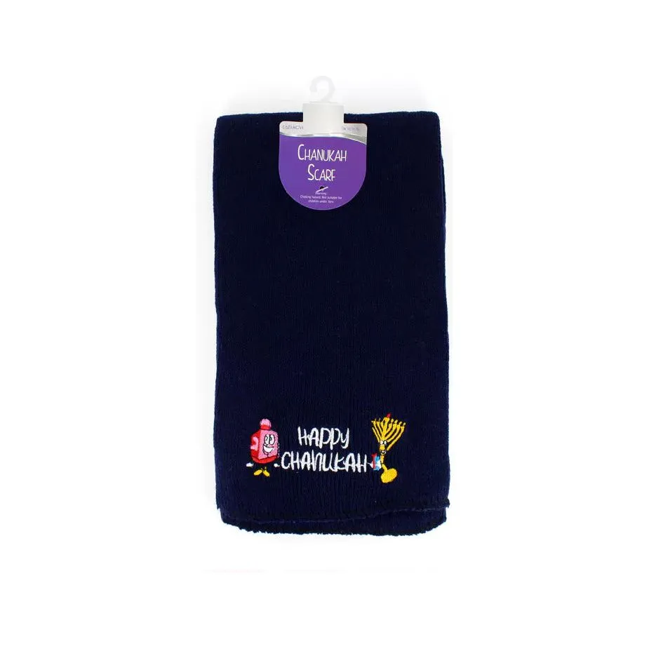 Colorful Embroidery Menorah and Dreidel Chanukah Scarf in Grey or Navy Soft Acrylic Yarn