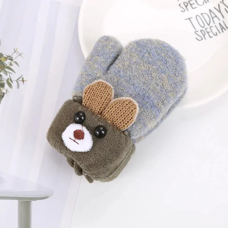 Cute Cartoon Bear Baby Gloves Winter Knitted Wool Infants Mittens Thicke Warm Full Rope Gloves For Boys Girls Toddlers 0-3 Y