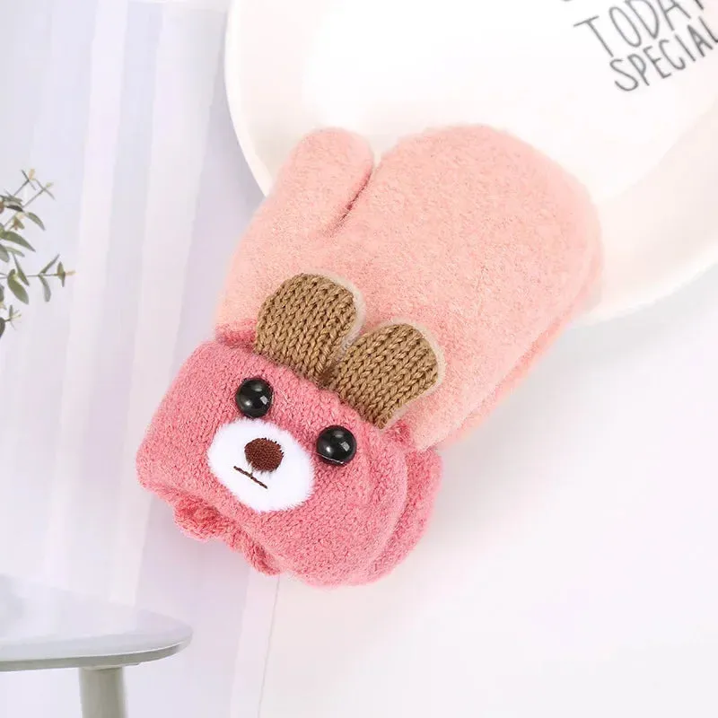 Cute Cartoon Bear Baby Gloves Winter Knitted Wool Infants Mittens Thicke Warm Full Rope Gloves For Boys Girls Toddlers 0-3 Y