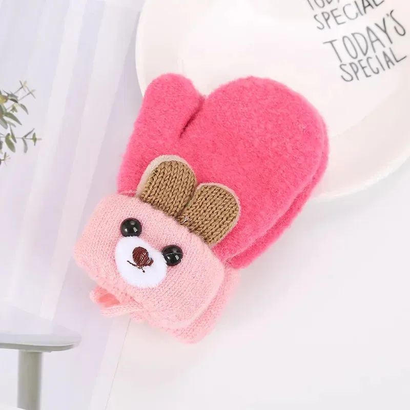 Cute Cartoon Bear Baby Gloves Winter Knitted Wool Infants Mittens Thicke Warm Full Rope Gloves For Boys Girls Toddlers 0-3 Y