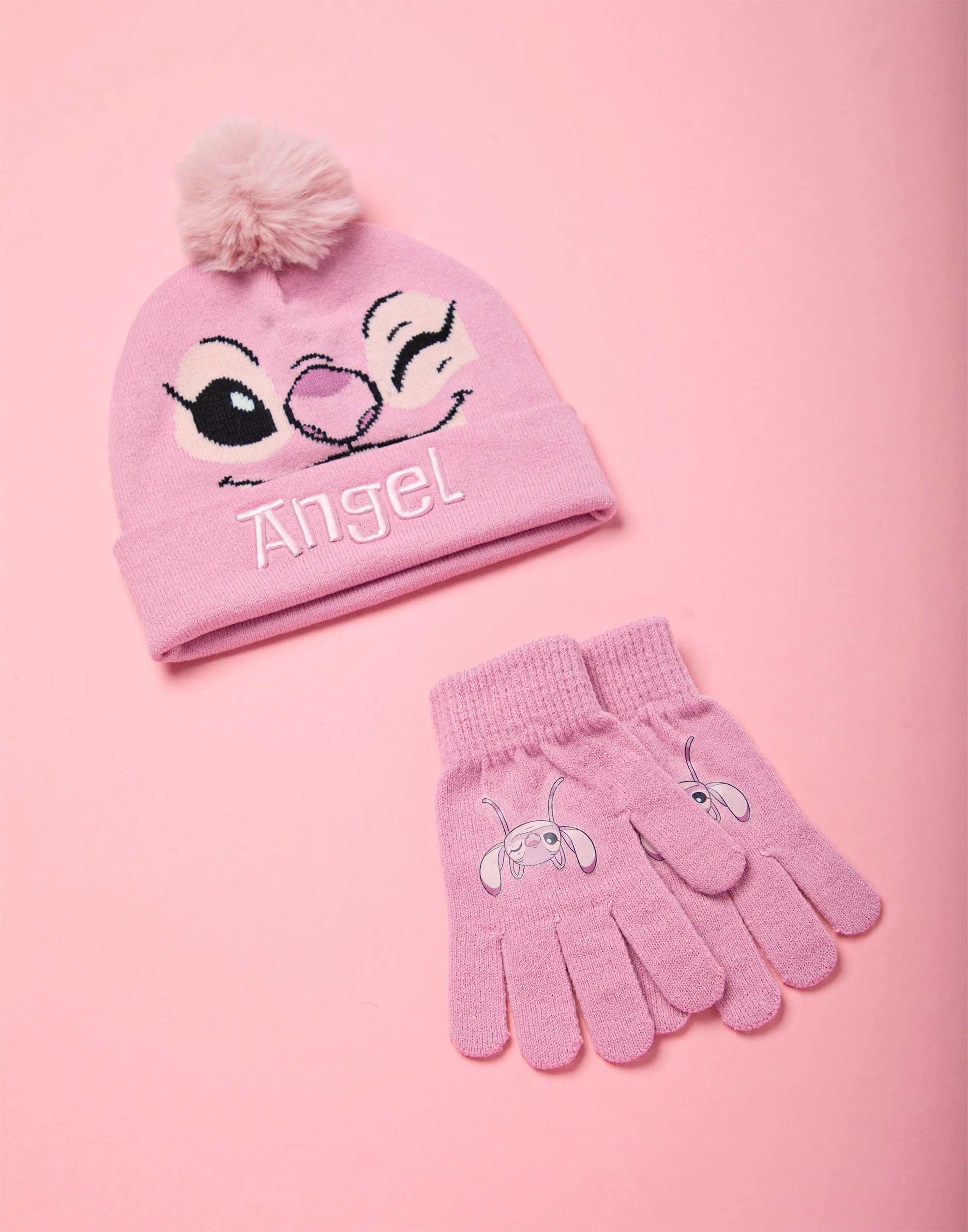 Disney Lilo & Stitch Girls Pink Beanie Hat & Gloves Set