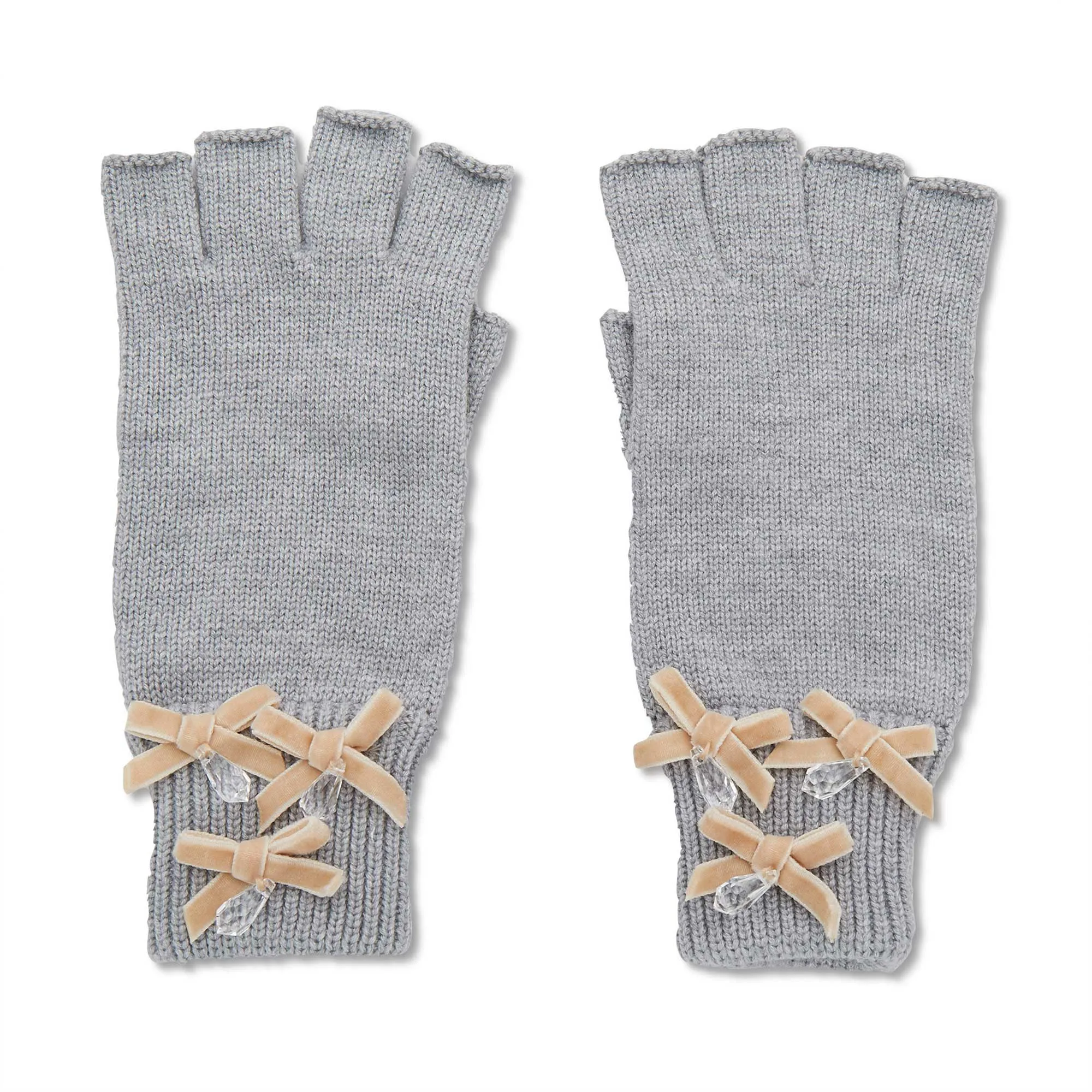 DOVE GREY BOW EMBELLISHED FINGERLESS GLOVES