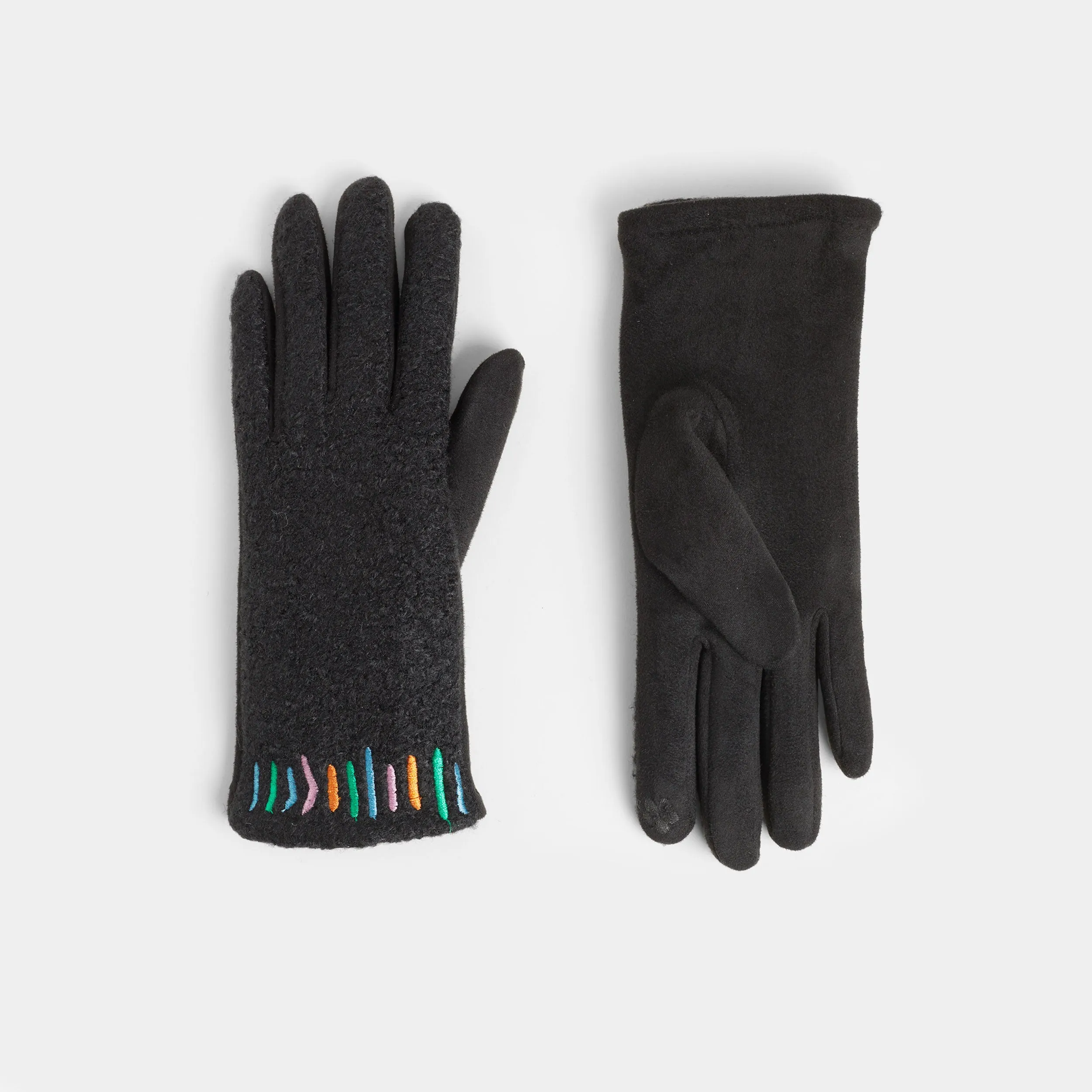 Embroidered Wrist Touchscreen Gloves - Black