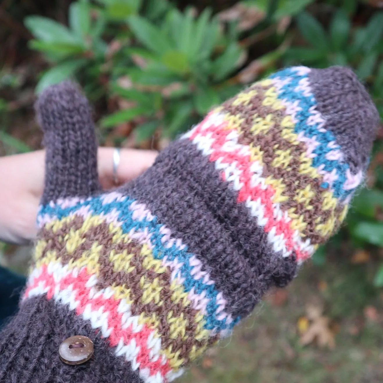 Fair Trade Ethical Adult Fingerless Gloves with Cap Patterned Design Browns