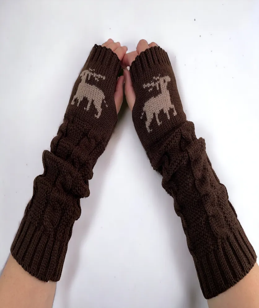 Fingerless Gloves Women Winter Knit Arm Warmers Long Reindeer