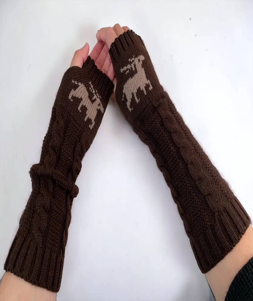 Fingerless Gloves Women Winter Knit Arm Warmers Long Reindeer