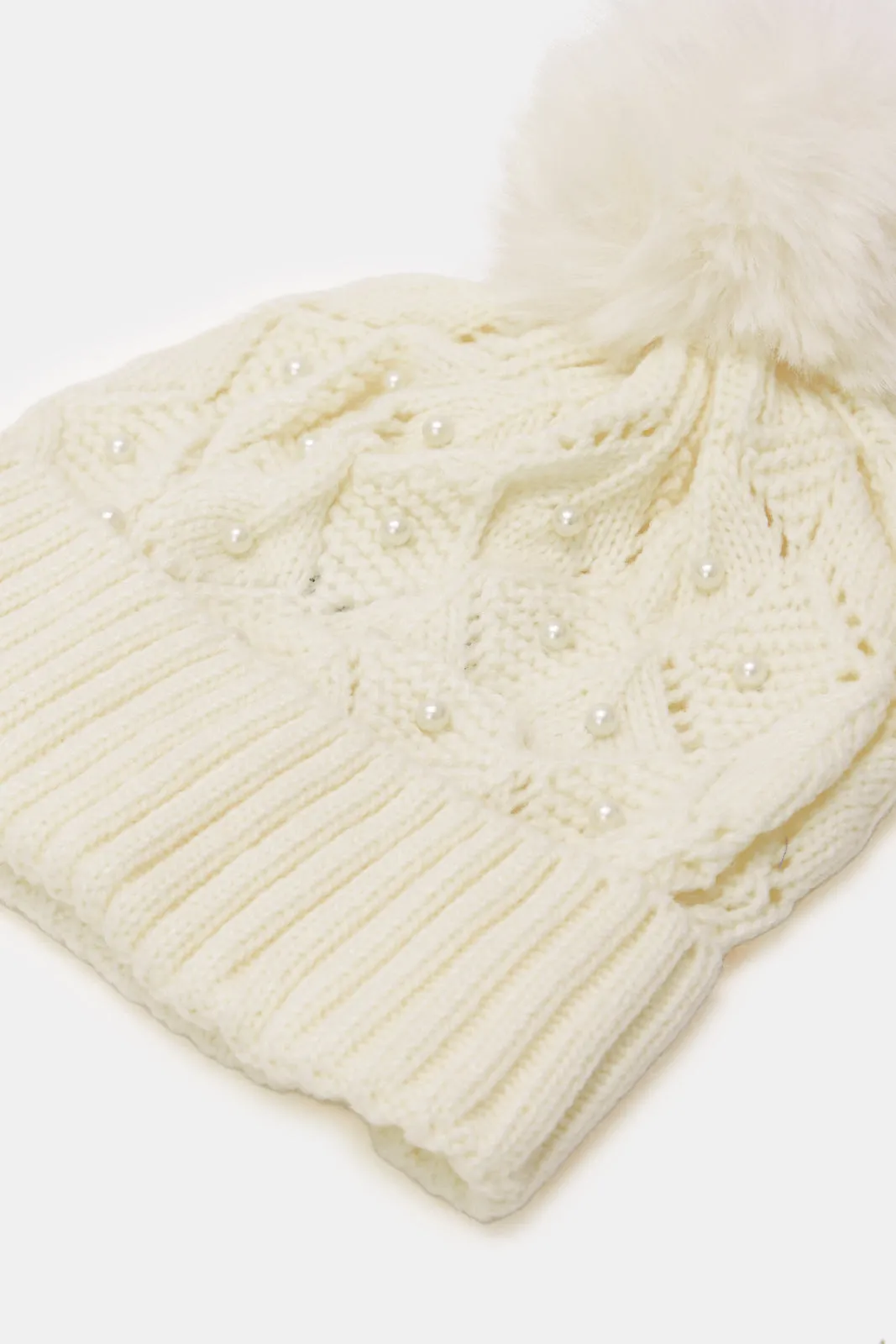 Girls Cream Knitted Cap And Gloves Set (2 Piece)