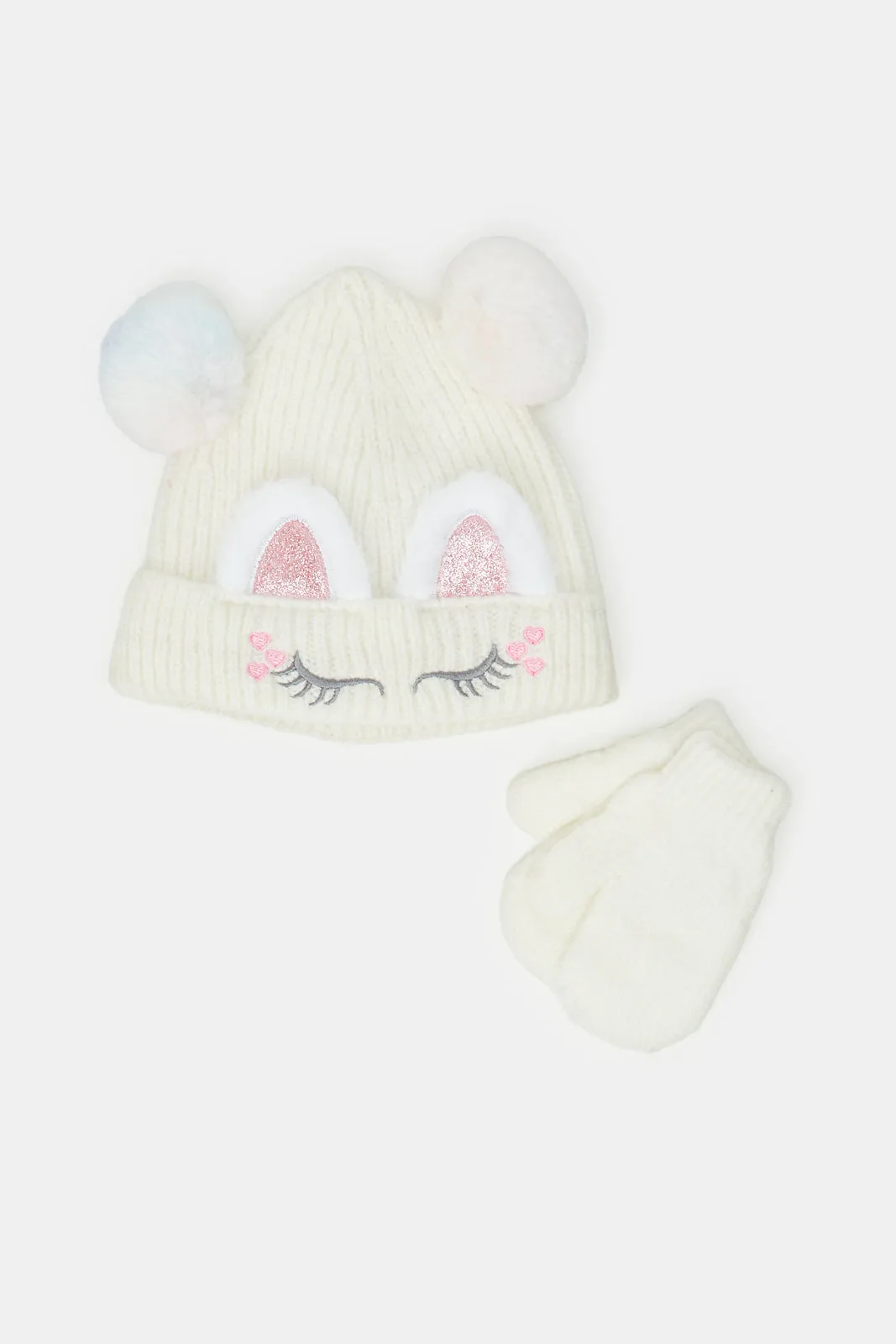 Girls White Cat Cap With Gloves Set (Pack Of 2)