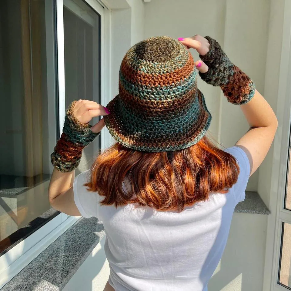 Handmade ombré brown and blue crochet fishnet hand warmers