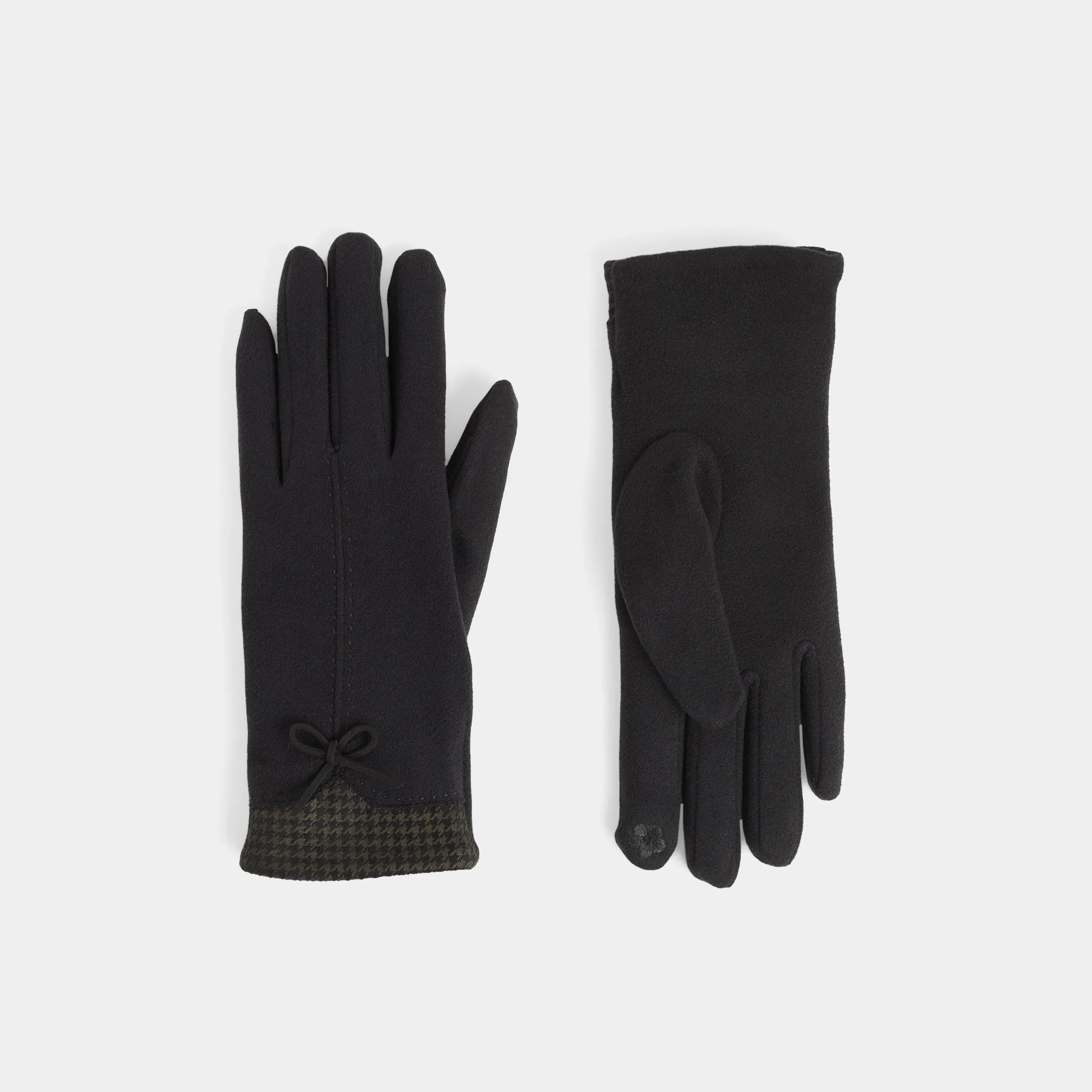 Houndstooth Bow Touchscreen Gloves - Black