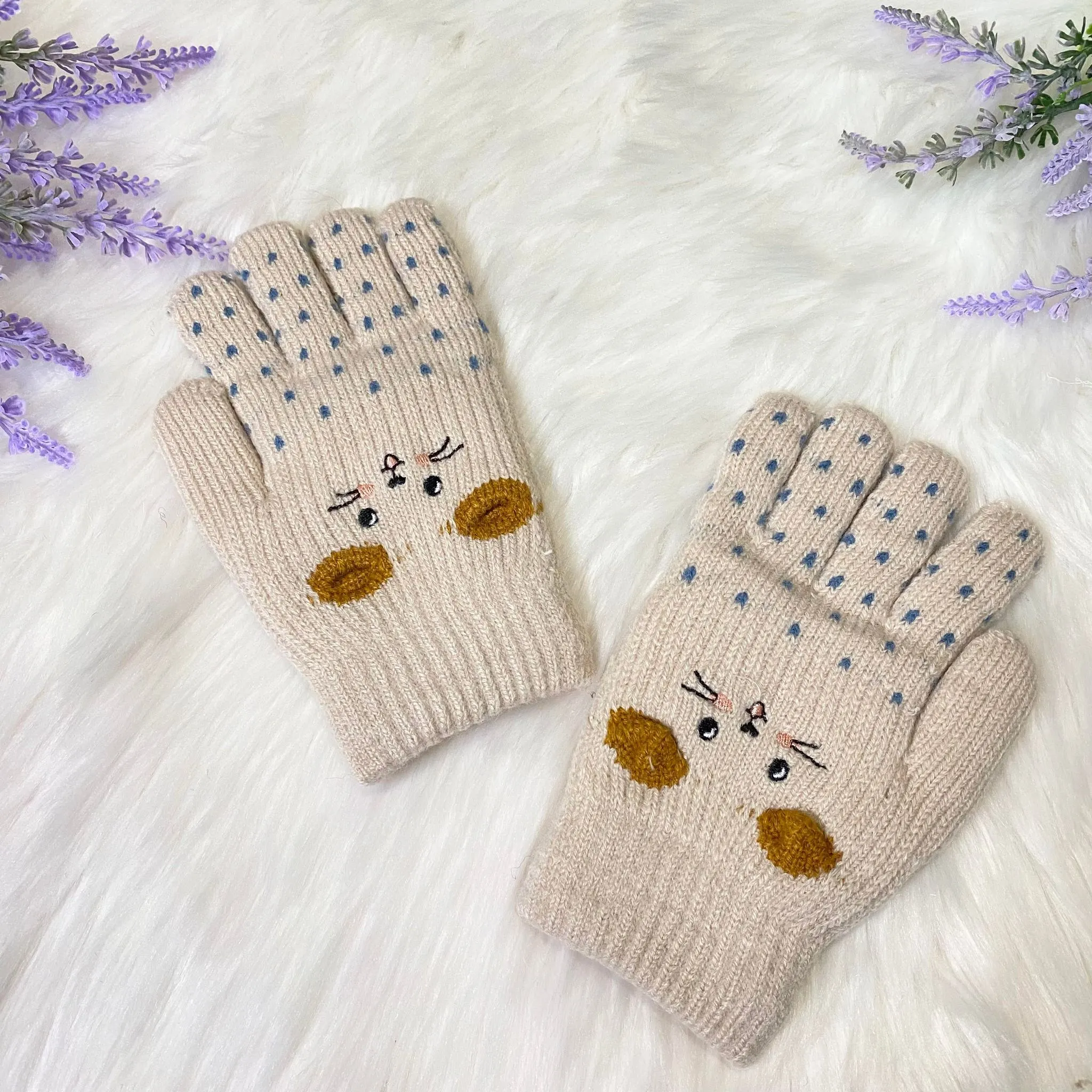 Kids Fleece Lined Knit Cat Design  Gloves