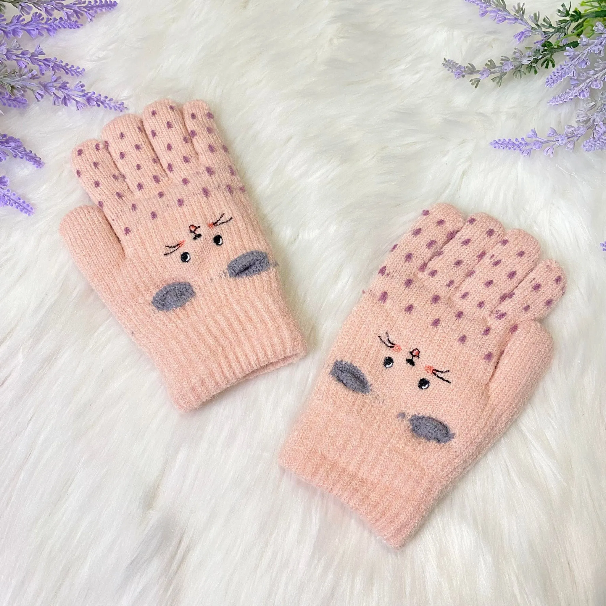 Kids Fleece Lined Knit Cat Design  Gloves