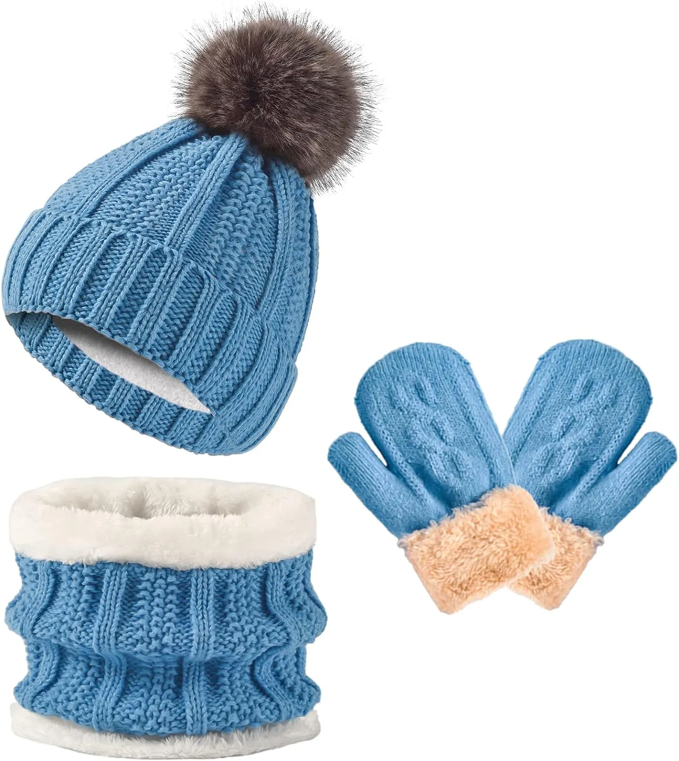 Kids Winter Beanie Hat Gloves Scarf Set, Girls Boys