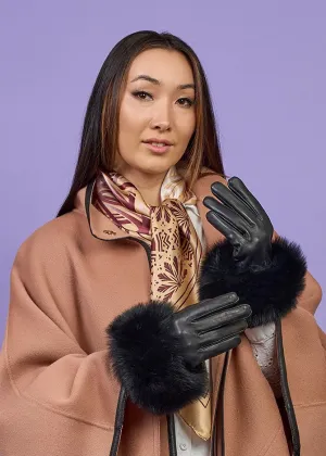 LADY FOX Black Leather Fur Cuff Velour Lined Gloves