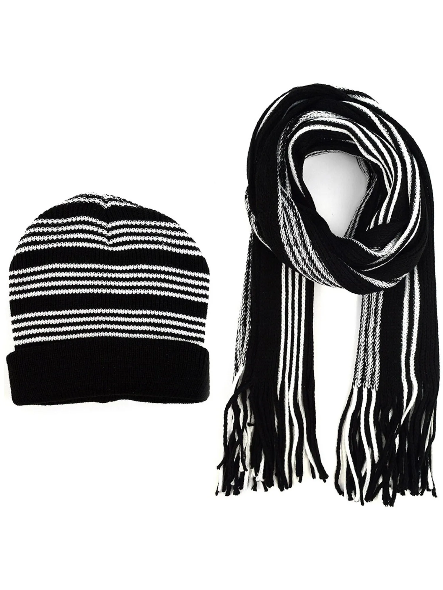 Men's Black & White Acrylic Knit Striped Scarf and Hat Set