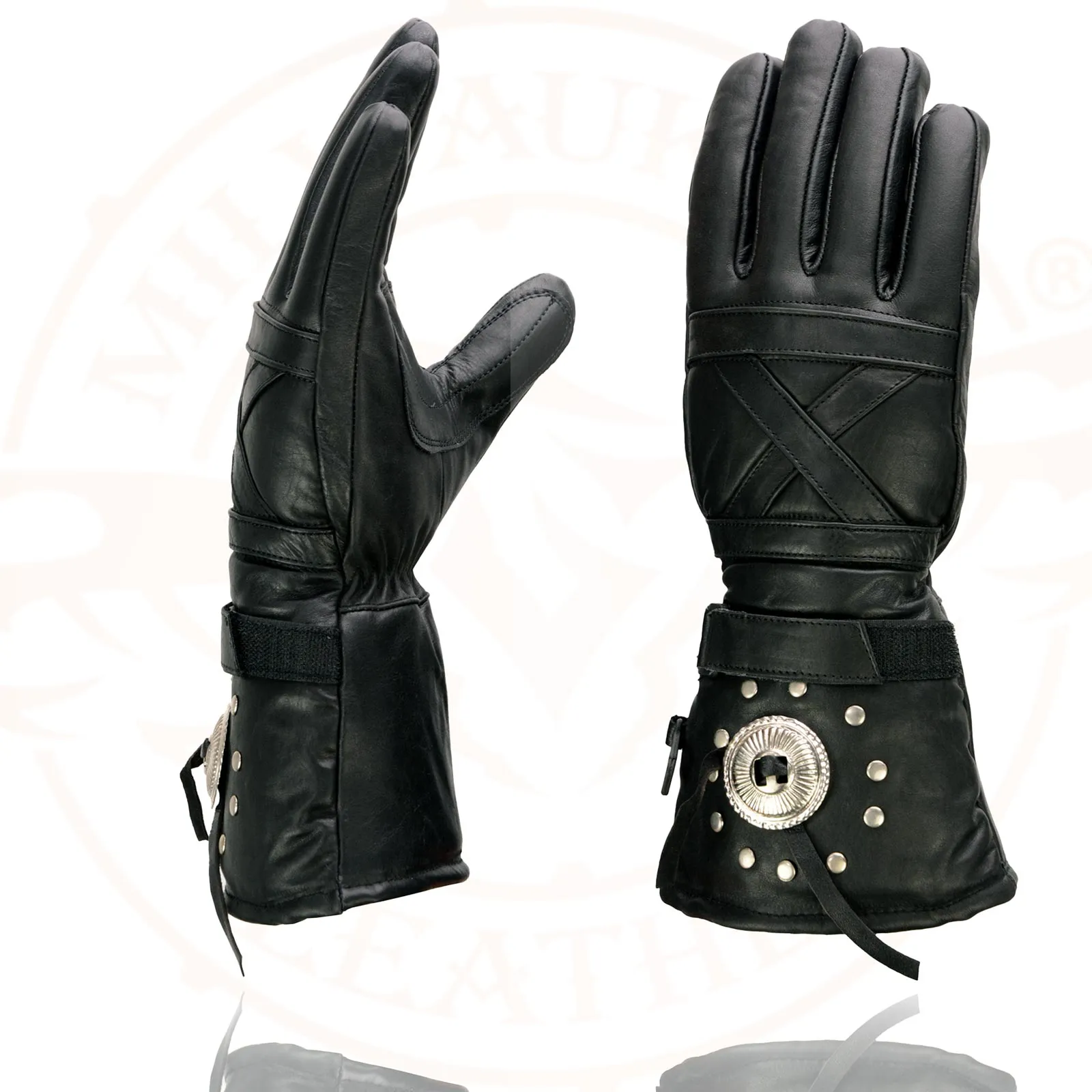 Milwaukee Leather SH231 Men's Black Leather Warm Lining Gauntlet Motorcycle Hand Gloves W/ Detailing Cuff and Pull-on Closure