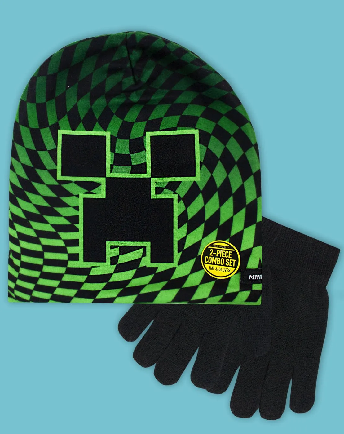 Minecraft Boy's Creeper Checkered 2 piece Kids Hat and Gloves Set