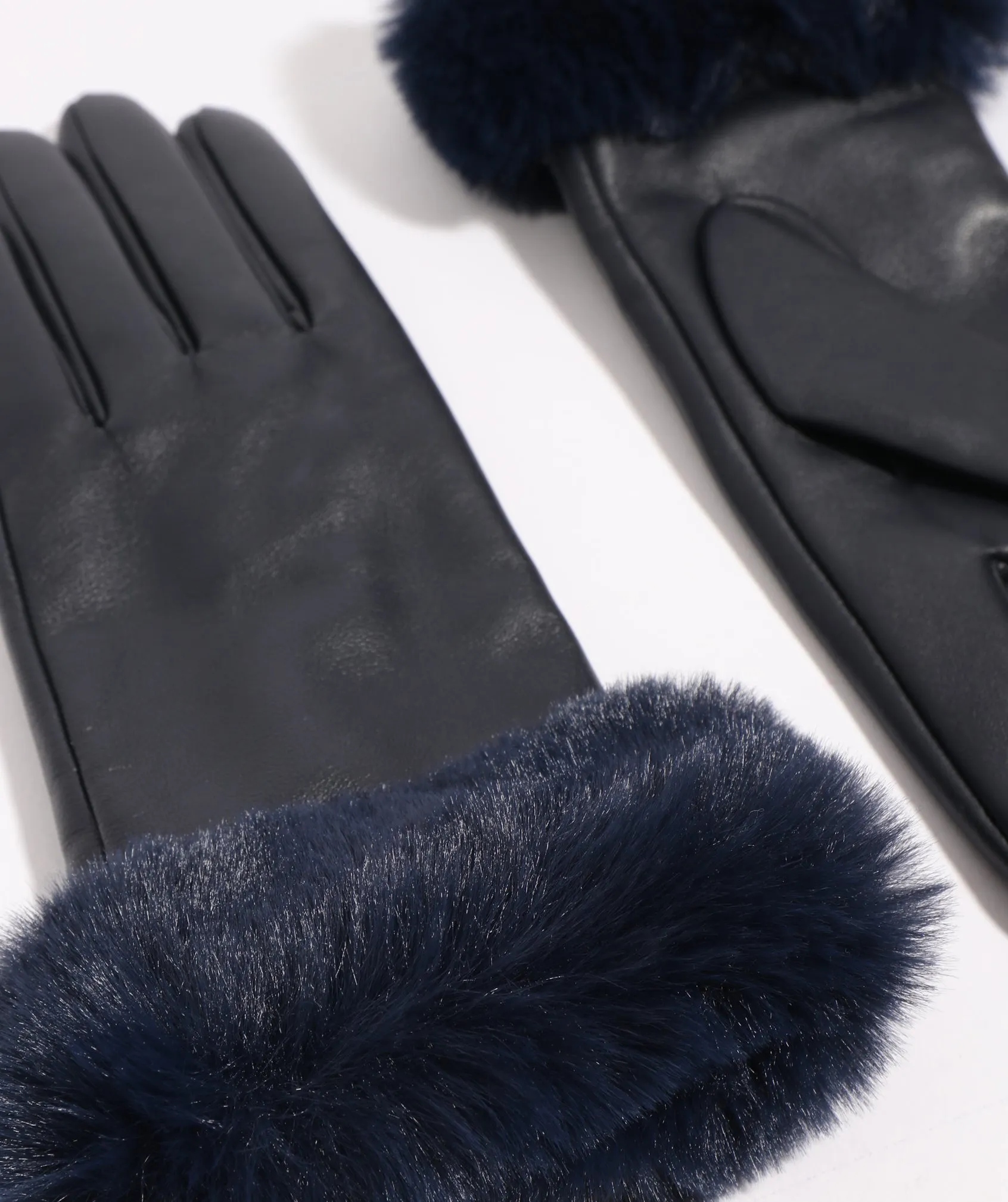 Navy Leather Gloves with Faux Fur Cuff and Lining