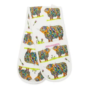 REPEAT BRIGHT HIGHLAND COW DOUBLE OVEN GLOVE ON WHITE