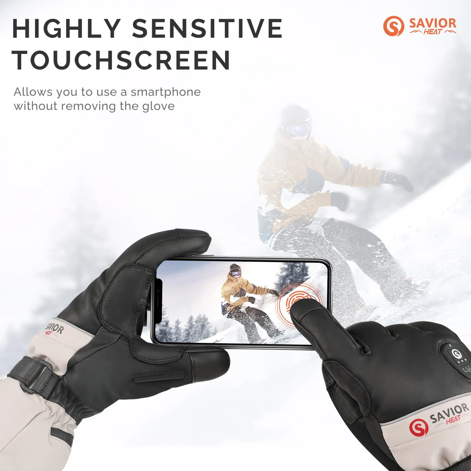 Savior Heated Ski Gloves 2.0 Upgraded Bluetooth Control, Pre-Curved Fingers waterproof Goatskin