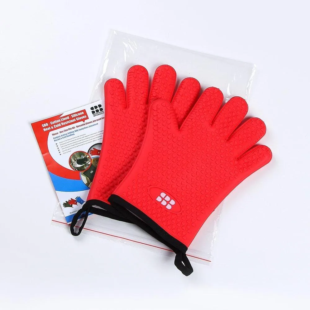 SBDW Heat Resistant BBQ Cooking Gloves and Oven Mitts. Insulated Silicone With Protective Lining. Versatile and Waterproof For BBQ Grill, Oven, Fire Pit, Campfire and Smoking - 3 Colors (Red)