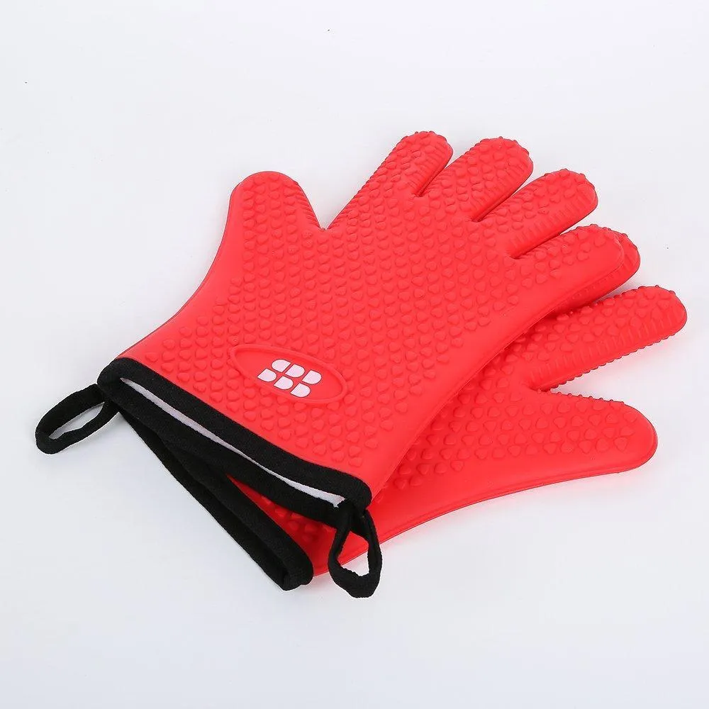 SBDW Heat Resistant BBQ Cooking Gloves and Oven Mitts. Insulated Silicone With Protective Lining. Versatile and Waterproof For BBQ Grill, Oven, Fire Pit, Campfire and Smoking - 3 Colors (Red)