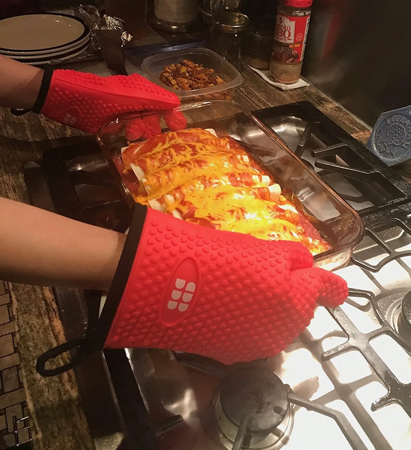 SBDW Heat Resistant BBQ Cooking Gloves and Oven Mitts. Insulated Silicone With Protective Lining. Versatile and Waterproof For BBQ Grill, Oven, Fire Pit, Campfire and Smoking - 3 Colors (Red)