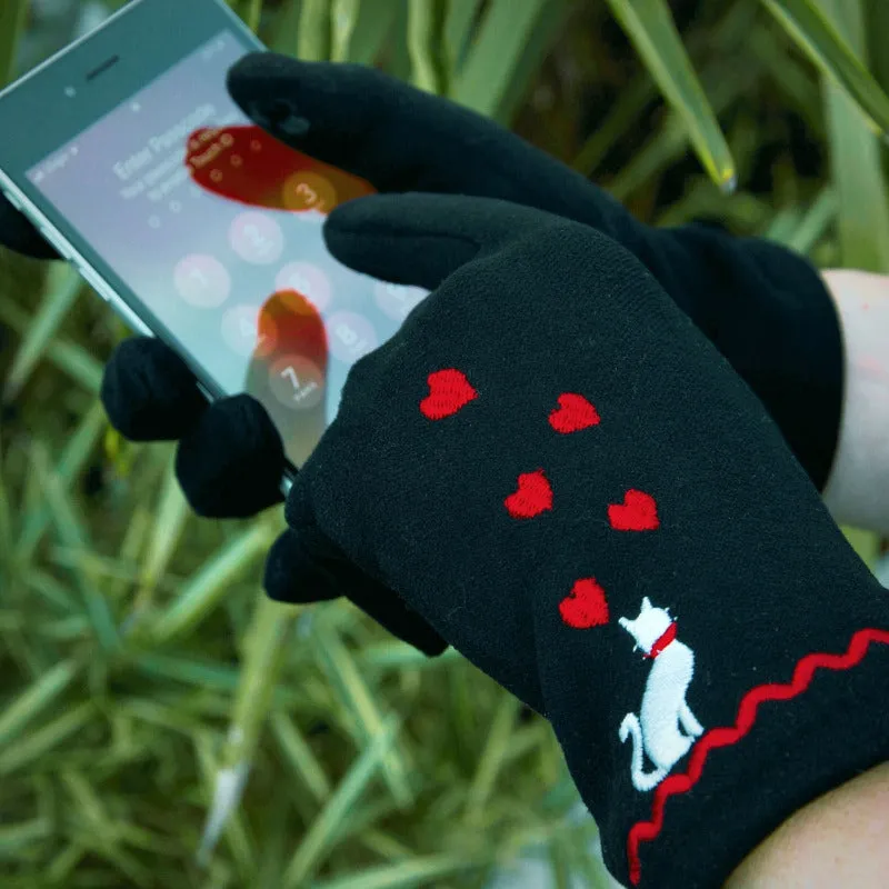 Soft Feel Cat Design Black Ladies Embroidered Gloves