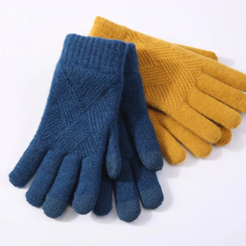 Solid Color Knitted Thick and Warm Full Finger Winter Gloves