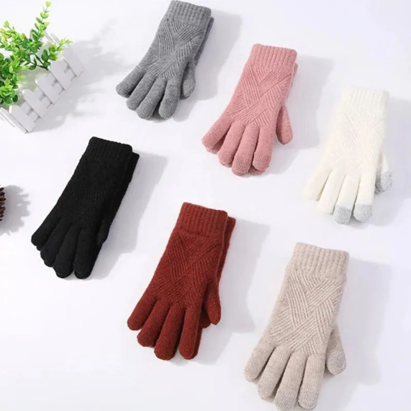 Solid Color Knitted Thick and Warm Full Finger Winter Gloves