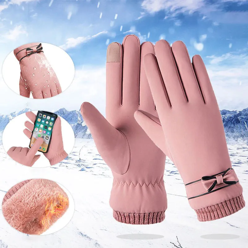 Waterproof Full Finger Touchscreen Winter Gloves with Bow Detail