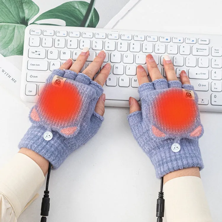 Winter Office USB Heating Warm Half Finger with Cover Gloves Heated Pad, Size: Free Size(Beige)