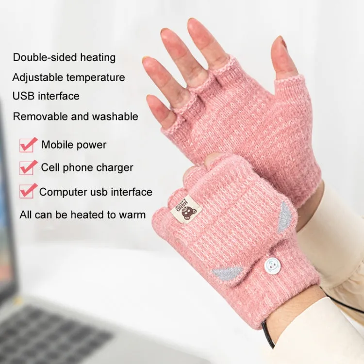 Winter Office USB Heating Warm Half Finger with Cover Gloves Heated Pad, Size: Free Size(Beige)