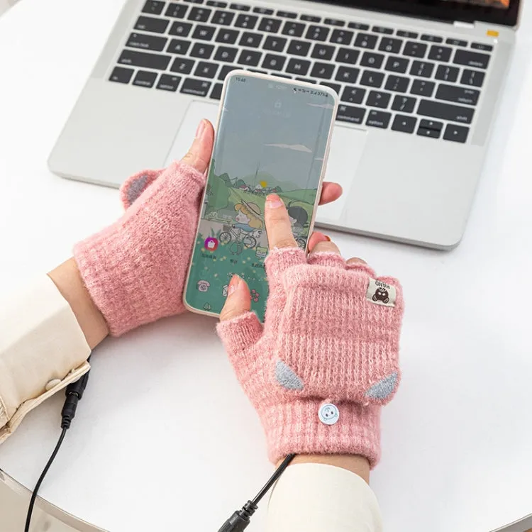 Winter Office USB Heating Warm Half Finger with Cover Gloves Heated Pad, Size: Free Size(Beige)