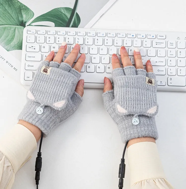 Winter Office USB Heating Warm Half Finger with Cover Gloves Heated Pad, Size: Free Size(Gray)