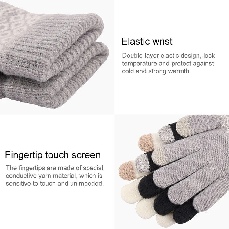 Winter Touch Screen Gloves Women Men Warm Stretch Knit Mittens Imitation Wool Thicken Full Finger Gloves(B-Grey)