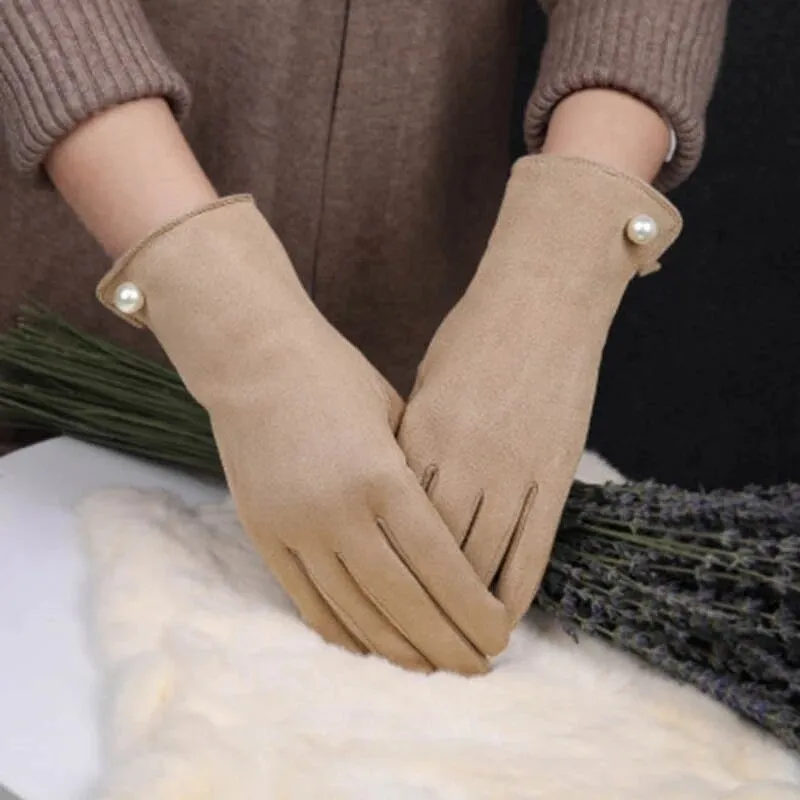 Winter Warmer Elegant Pearl Velvet Touch Screen Full Finger Gloves